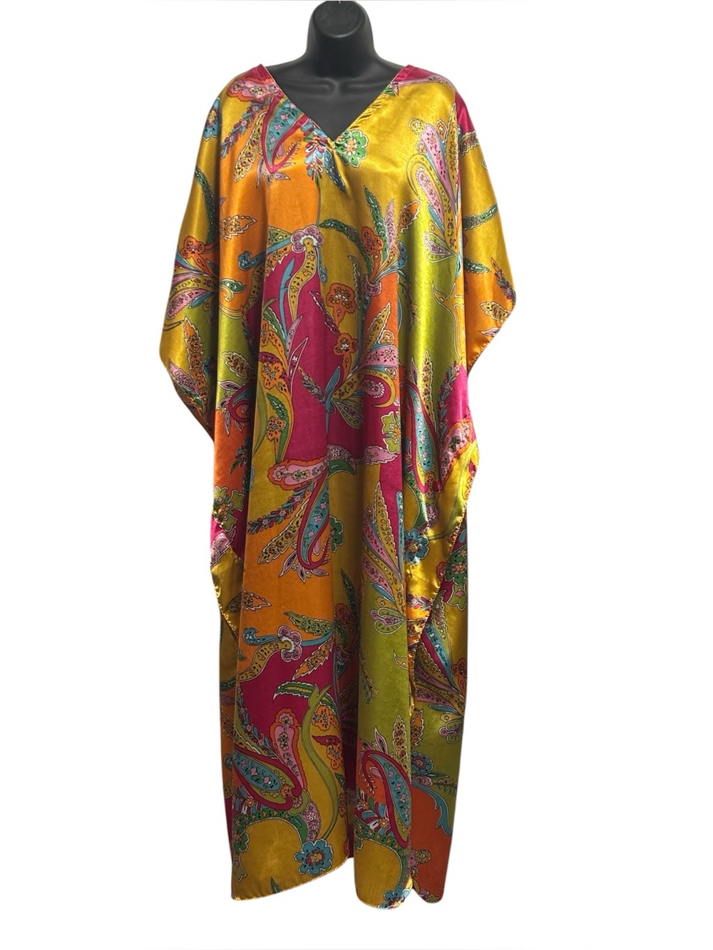 Vibrant Vintage Paisley Satin Kaftan - Gold, Pink, Orange, Lime